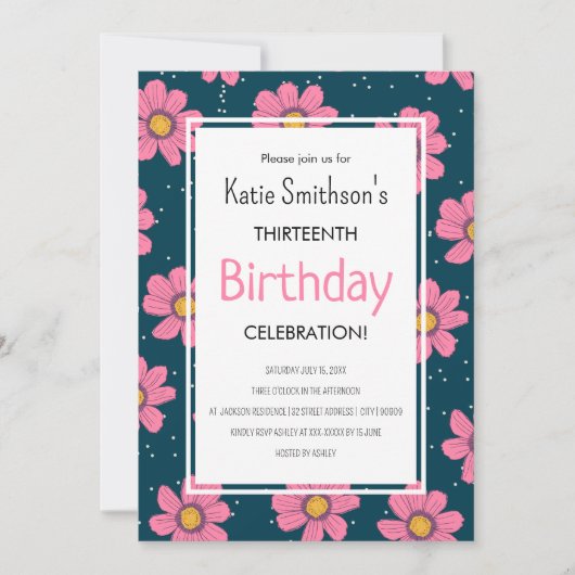 Invitation Fleurs Filles mignonnes Pastel Rose & Bleu Anniver (Devant)