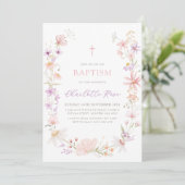 Invitation Fleurs Fleur Sauvage Rose Baptême Fille (Debout devant)