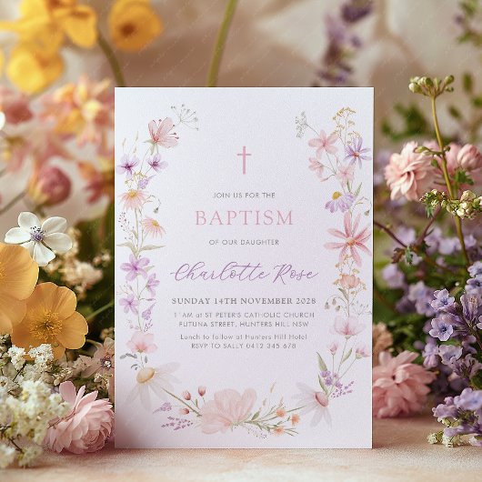 Invitation Fleurs Fleur Sauvage Rose Baptême Fille