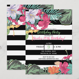 Invitation Fleurs Floral Tropical Feuilles Rayures Noires et