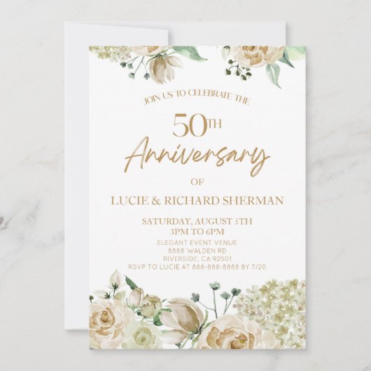 Invitation Fleurs florales blanches 50e anniversaire de Maria (Devant)