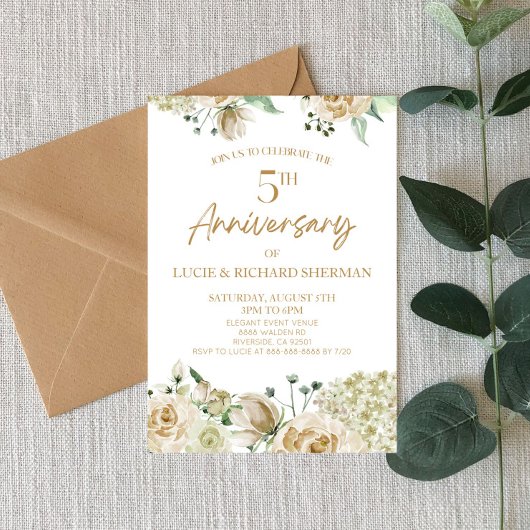 Invitation Fleurs florales blanches 5e anniversaire Mariage