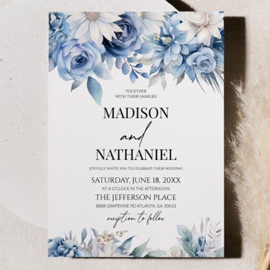 Invitation Fleurs florales bleu Dusty Mariage botanique