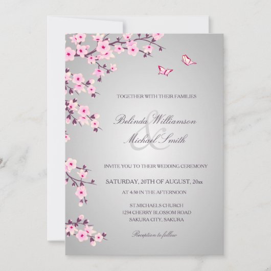 Invitation Fleurs florales de cerisier rose gris Mariage (Devant)