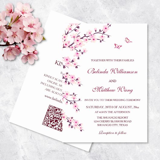 Invitation Fleurs florales de cerisiers Mariage rose blanc