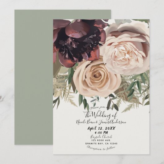 Invitation Fleurs florales floutantes glam Mariage botanique (Devant / Derrière)
