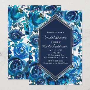 Invitation Fleurs Florales Indigo Bleu Élégant Shower de Mari