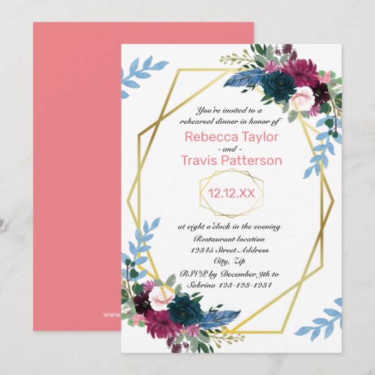 Invitation Fleurs Florales Mod Rose V - Dîner de Répétition (Devant / Derrière)