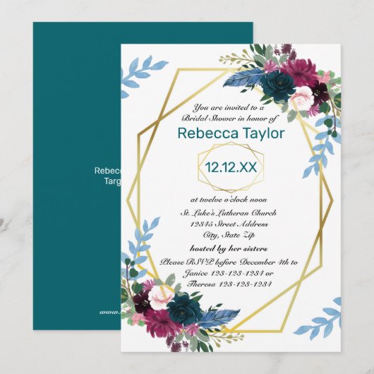 Invitation Fleurs Florales Mod Vert Turquoise - Réception de (Devant / Derrière)