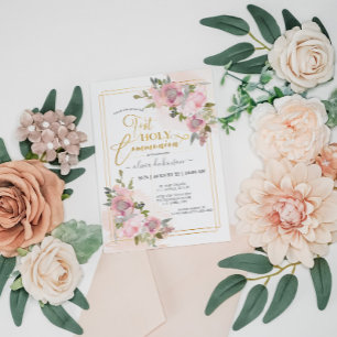 Invitation Fleurs florales rose-rose moderne Première communi