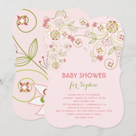 Invitation Fleurs florales roses Whimsical Chic Baby shower f (Devant / Derrière)