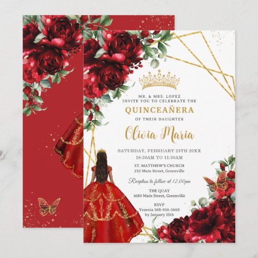 Invitation Fleurs florales rouges vibrantes Princesse Quincea (Devant / Derrière)