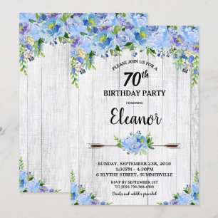 Invitation Fleurs florales rustiques Bleues 70e anniversaire