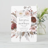 Invitation Fleurs Florales Rustiques Rouge Gris Feuillage Mar (Debout devant)