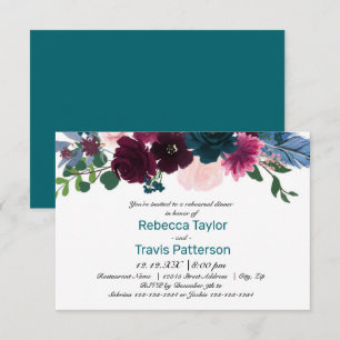 Invitation Fleurs Florales Sarcelle - 3x5 Dîner de Répétition