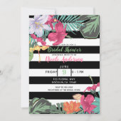 Invitation Fleurs Florales Tropicales Feuilles Rayures Noir B (Devant)
