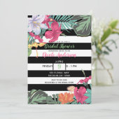 Invitation Fleurs Florales Tropicales Feuilles Rayures Noir B (Debout devant)