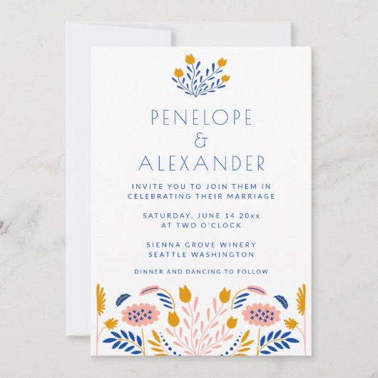 Invitation Fleurs folk Scandi en Mariage bleu et jaune (Devant)