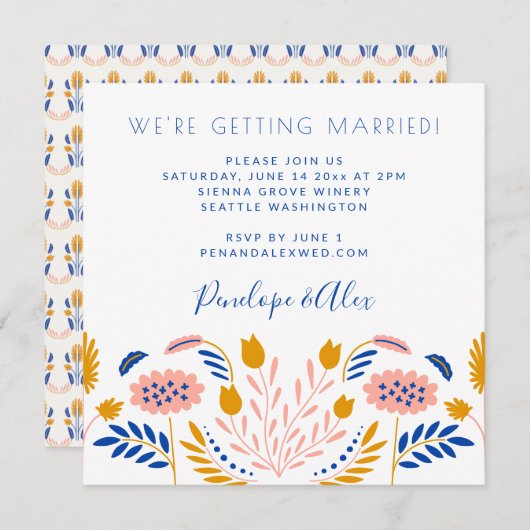 Invitation Fleurs folk Scandi en Mariage Carré Décontracté bl (Devant / Derrière)