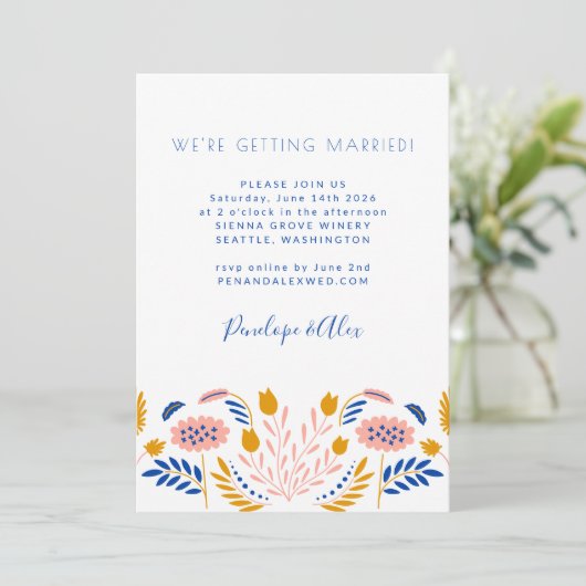 Invitation Fleurs folk Scandi Mariage Décontracté bleu Jaune (Debout devant)