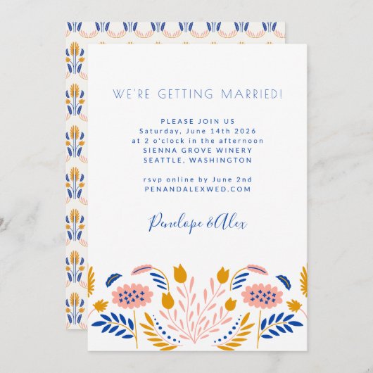 Invitation Fleurs folk Scandi Mariage Décontracté bleu Jaune (Devant / Derrière)
