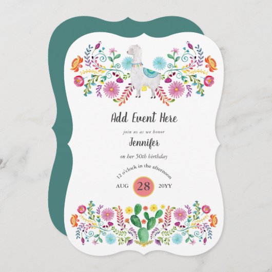 Invitation Fleurs folkloriques Fiesta Llama Mexicaine Cactus  (Devant / Derrière)