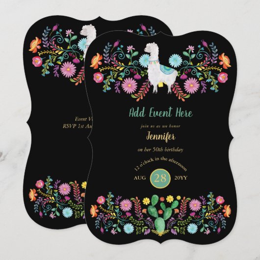 Invitation Fleurs folkloriques Fiesta Llama Mexicaine Cactus (Devant / Derrière)