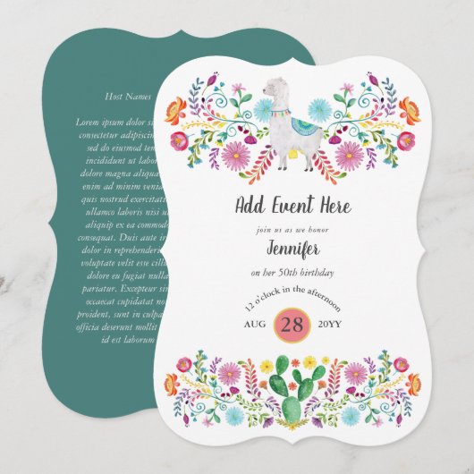 Invitation Fleurs folkloriques Fiesta Llama Mexicaine Cactus  (Devant / Derrière)