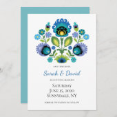 Invitation Fleurs folkloriques polonaises Turquoise bleu Enre (Devant / Derrière)