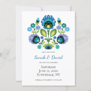 Invitation Fleurs folkloriques polonaises Turquoise bleu Enre