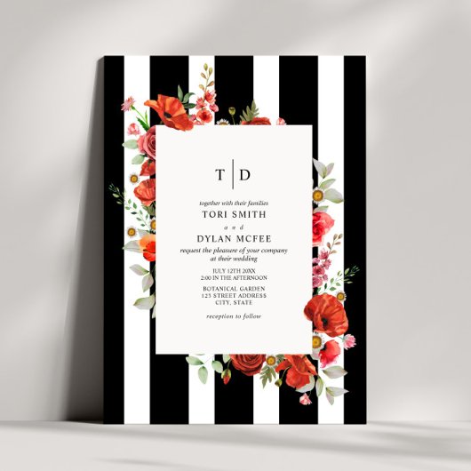 Invitation Fleurs folles Rouge Floral Noir Blanc Grève Mariag