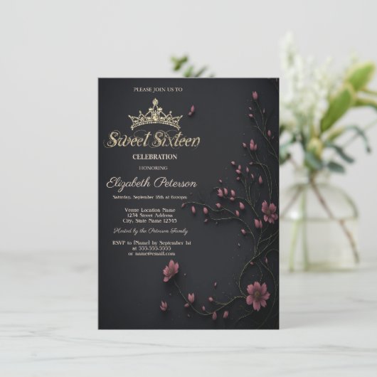 Invitation Fleurs foncées Gothique foncé Douce 16 (Debout devant)