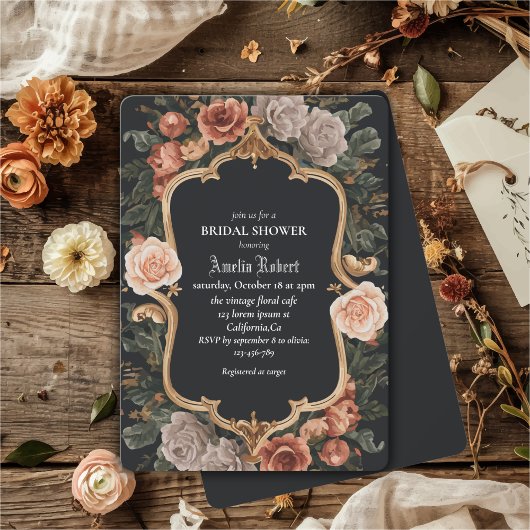 Invitation Fleurs foncées Hiver vintage fleuri Nuptiale douch