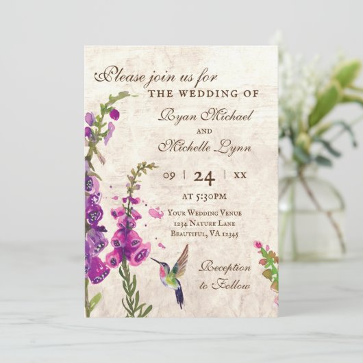 Invitation Fleurs Foxglove, Colibri Tout en un Mariage (Debout devant)