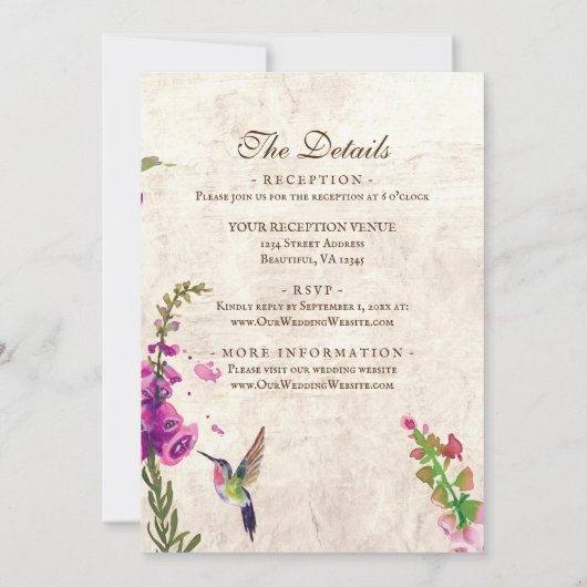Invitation Fleurs Foxglove, Colibri Tout en un Mariage (Dos)