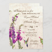 Invitation Fleurs Foxglove, Colibri Tout en un Mariage (Devant / Derrière)