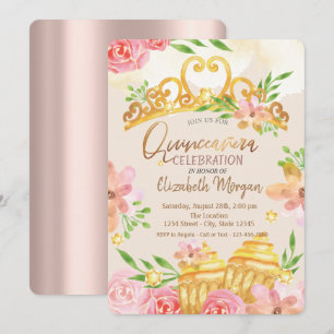 Invitation Fleurs, friandises, Quinceañera en or rose