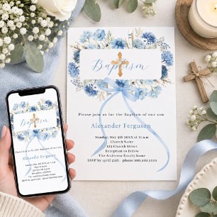 Invitation Fleurs garçon arc bleu baptême