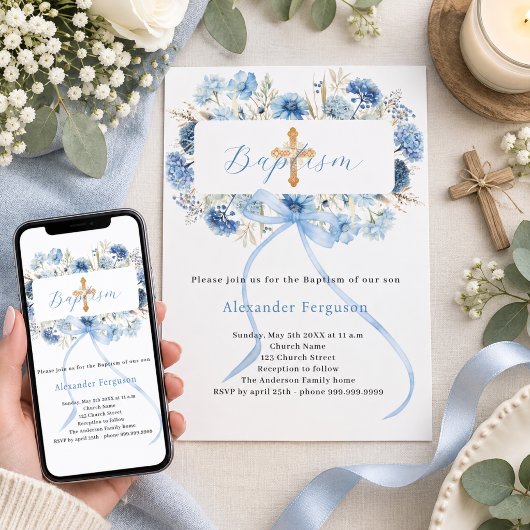 Invitation Fleurs garçon arc bleu baptême