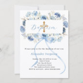 Invitation Fleurs garçon croix de baptême ruban bleu (Devant)