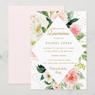 Invitation Fleurs Géométriques Rose Foncé Or Quinceanera