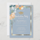Invitation Fleurs Gold Grad Casquette Dusty Blue Graduation (Devant)