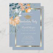 Invitation Fleurs Gold Grad Casquette Dusty Blue Graduation (Devant / Derrière)