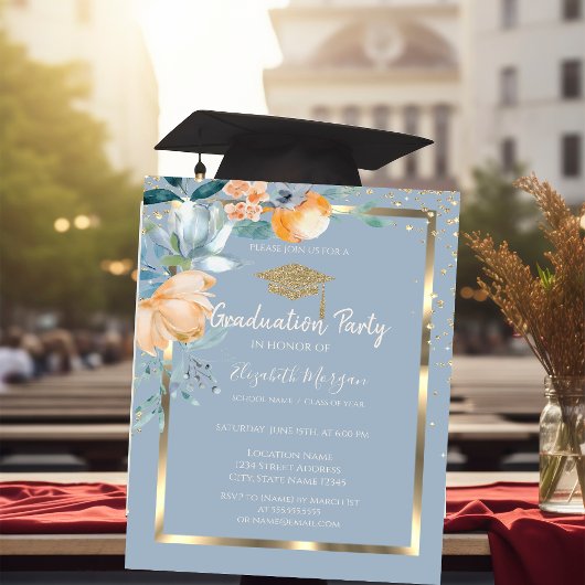 Invitation Fleurs Gold Grad Casquette Dusty Blue Graduation