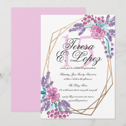 Invitation Fleurs Gold Terrarium Aquarelle Quinceañera (Devant / Derrière)