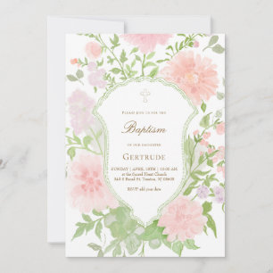 Invitation fleurs grandes baptême aquarelle rose et lilas