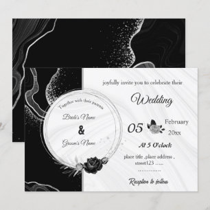Invitation fleurs gris argenté et noires mariage botanique