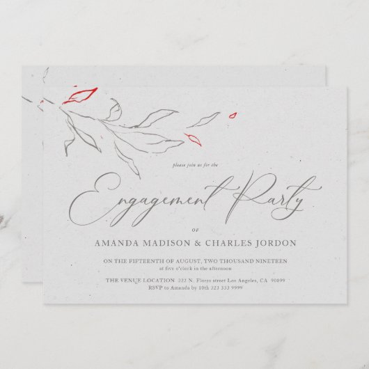 Invitation Fleurs gris et rouges simples et élégantes Partie  (Devant / Derrière)