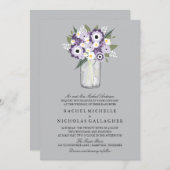 Invitation Fleurs Gris Violet Mason Jar | MARIAGE (Devant / Derrière)
