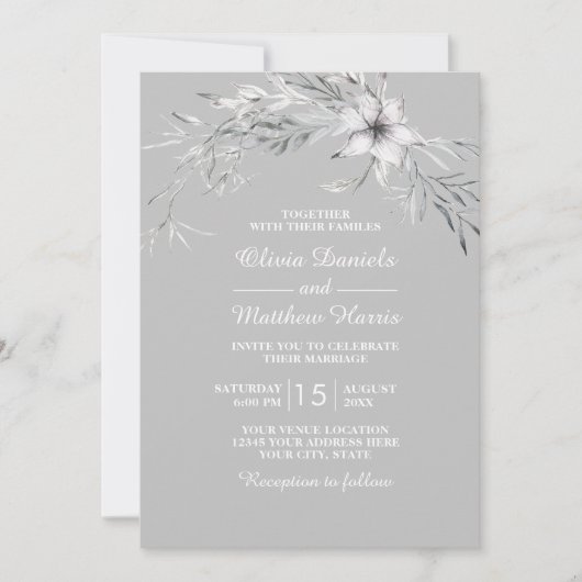 Invitation Fleurs grises et blanches. Floral mariage rustique (Devant)
